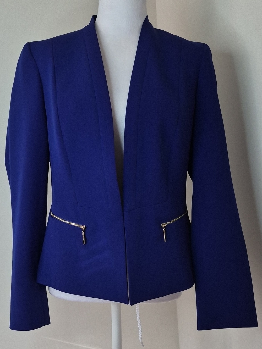 Kasper Cobalt Blue Open-Front Blazer with Gold Zipper Accents Size 6